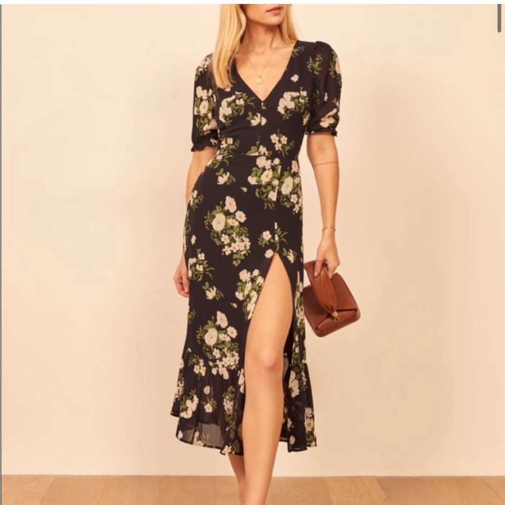 Reformation Black and White Puff Sleeve Midi Dress